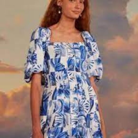 Caroline Constas off white blue linen blend Garden tile Farm mini dress size 6 - Picture 5 of 8